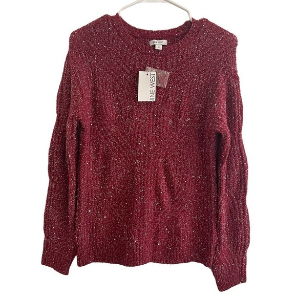 𝅺NWT Nine West Dark Red Crewneck Sweater w/Tinsel & Sequins - Picture 1 of 6